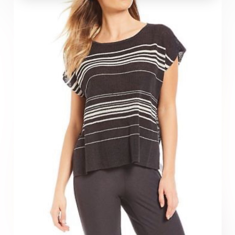 EILEEN FISHER Organic Crepe Linen Slate Grey/Cream Stripe Sweater Pullover